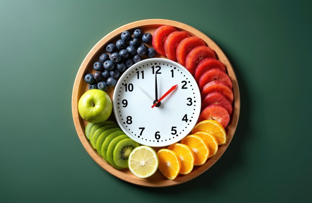 Circular wooden plate with a clock in the center, surrounded by sliced fruits like kiwi, orange, grapefruit, apple, lemon, and blueberries — symbolizing time-restricted eating and healthy nutrition during intermittent fasting.
