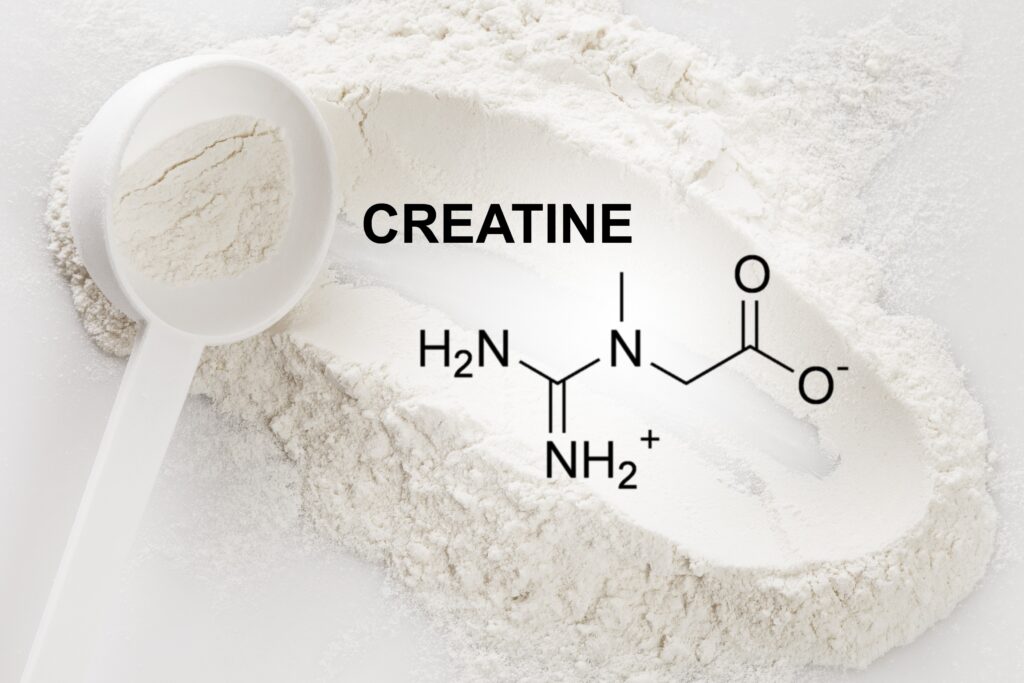 Creatine powder supplement with chemical structure formula, showing what creatine looks like and how it supports energy production in muscles and brain.