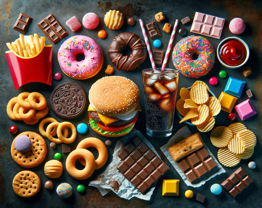 Ultra-processed foods including burgers, sweets, and chips, often discussed in relation to menopause and midlife health.