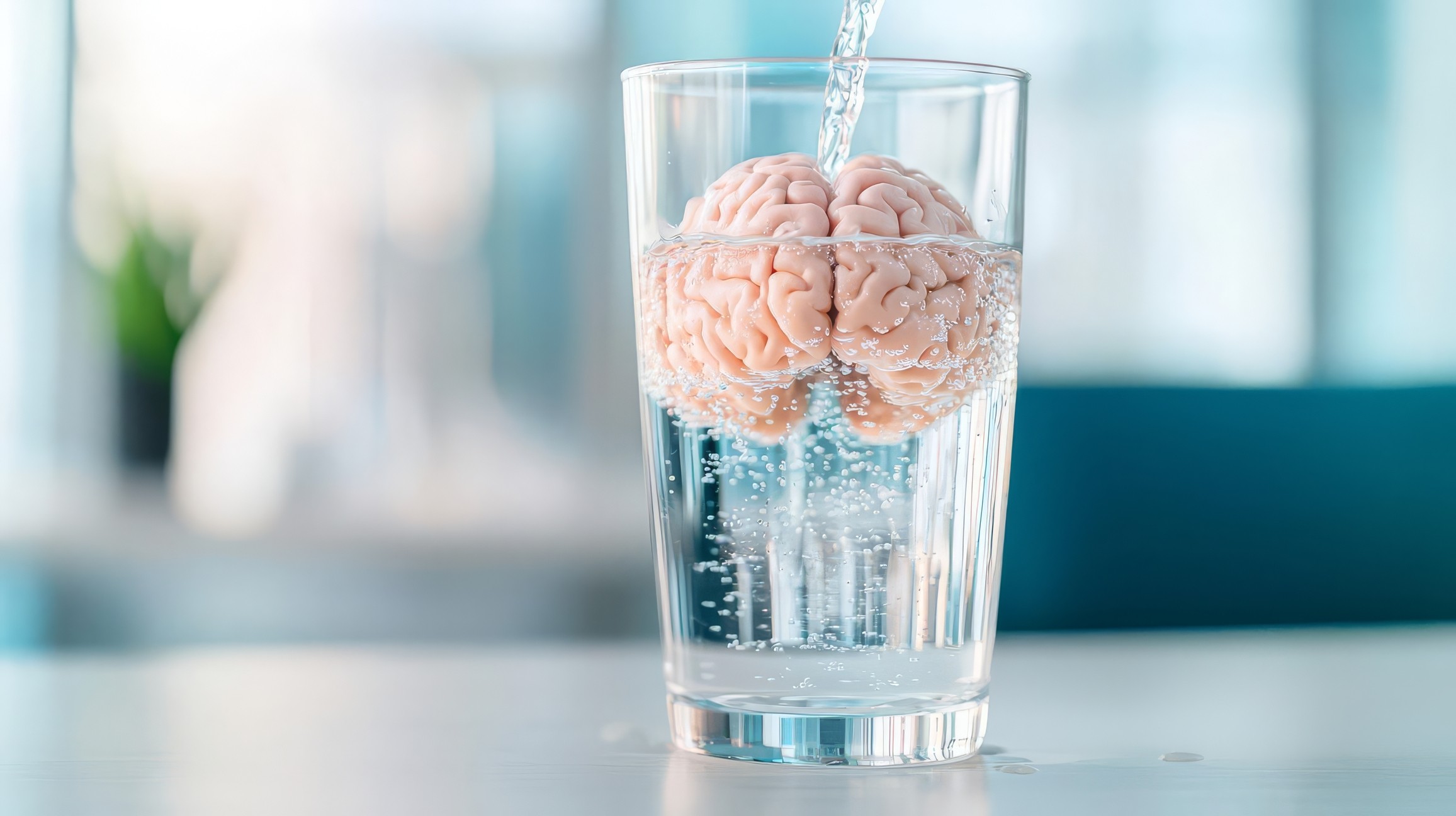 Glass of water with a brain illustration, representing hydration and its role in supporting brain function during menopause
