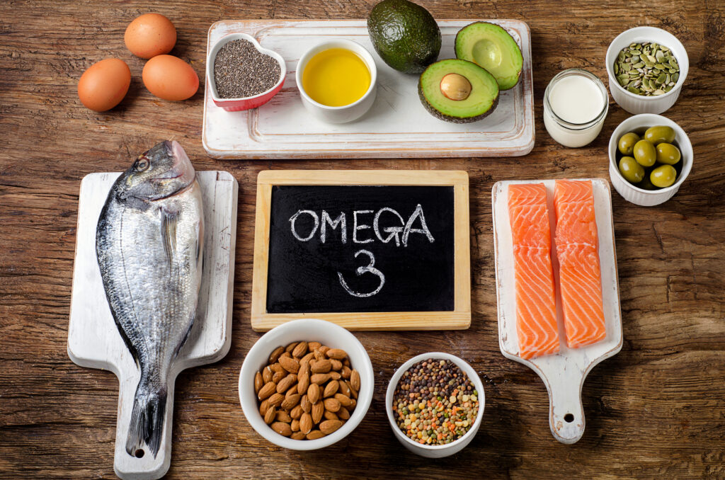 Foods rich in omega-3 fats, including oily fish, salmon, chia seeds and nuts